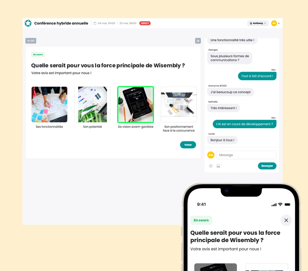 Fonctionnalité : Interactivité Écrans des fonctionnalités d'interactivité de l'App Wisembly