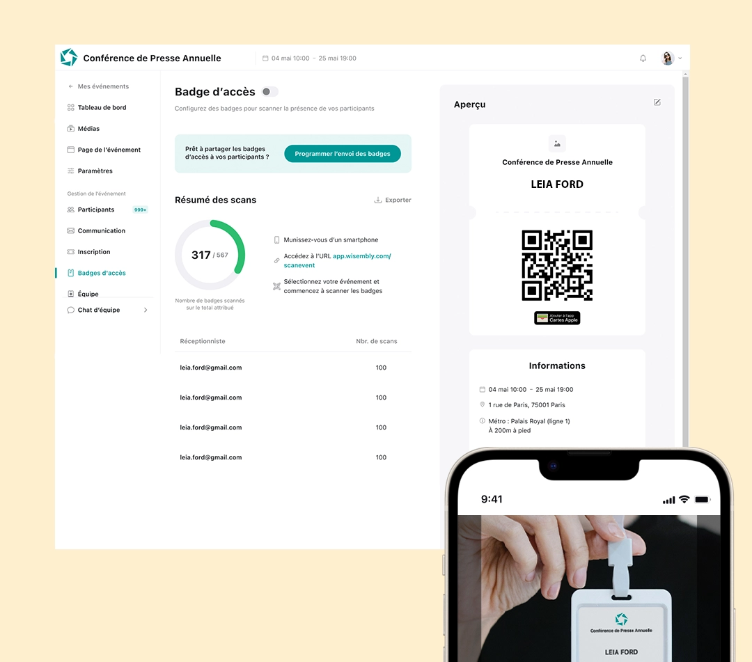 Fonctionnalité : Contrôle d’accès Écrans de la fonctionnalité de contrôle d'accès de l'App Wisembly