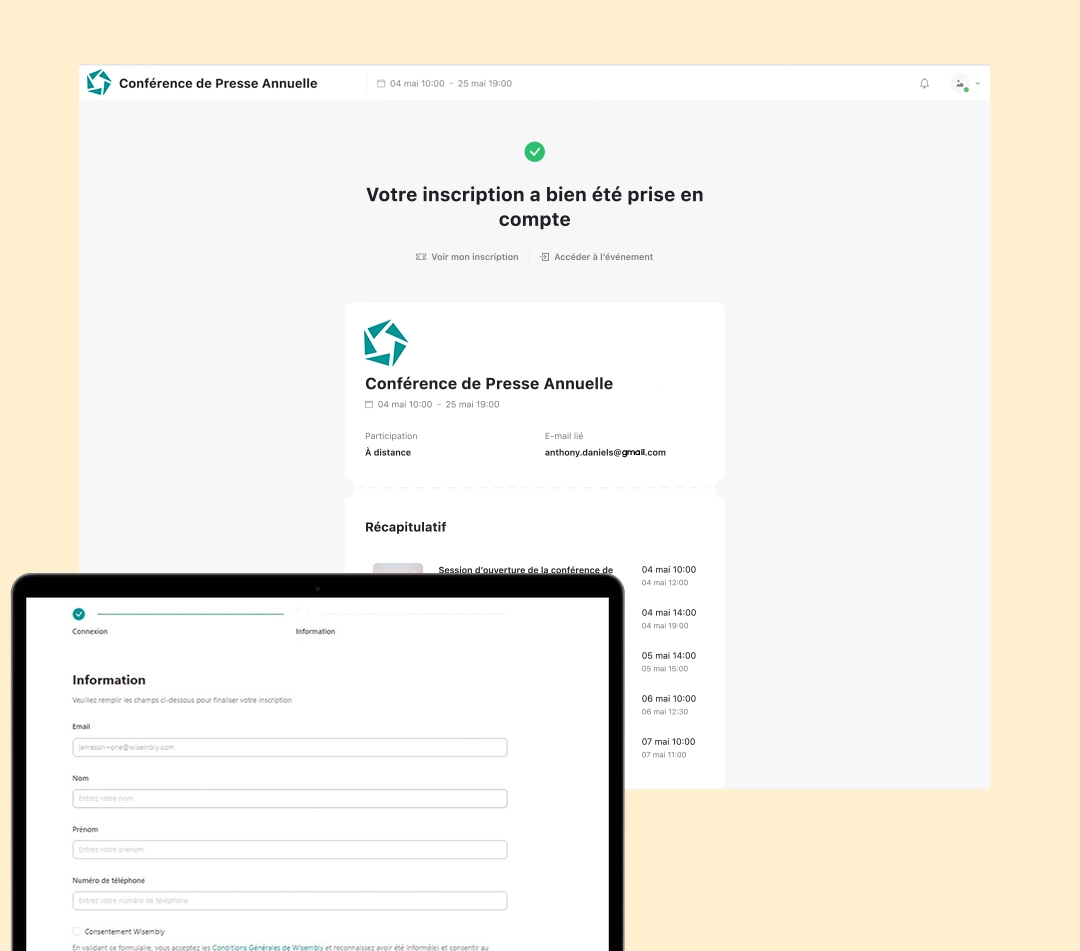 Fonctionnalité : Inscription Écrans des fonctionnalités d'inscription de l'App Wisembly