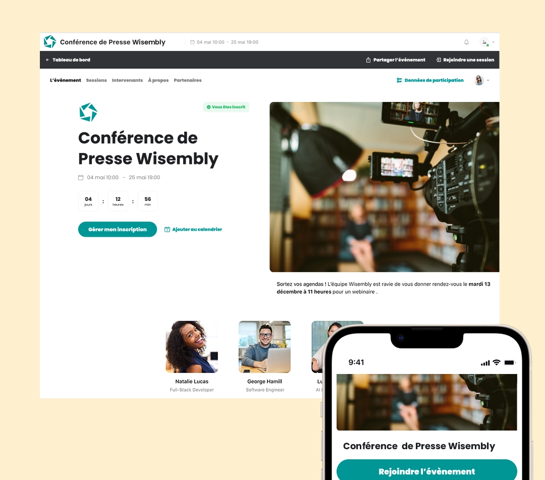 Fonctionnalité : Page de l’événement Écrans de la fonctionnalité de page de l'événement de l'App Wisembly