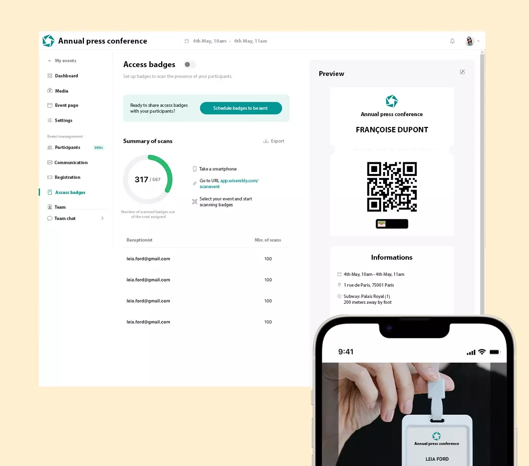 Manage your ticketing, generate your QR codes Screens of the access control on the Wisembly App