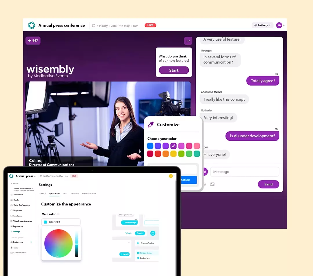 Customize your event, easily Screens of the customisation process on the Wisembly App