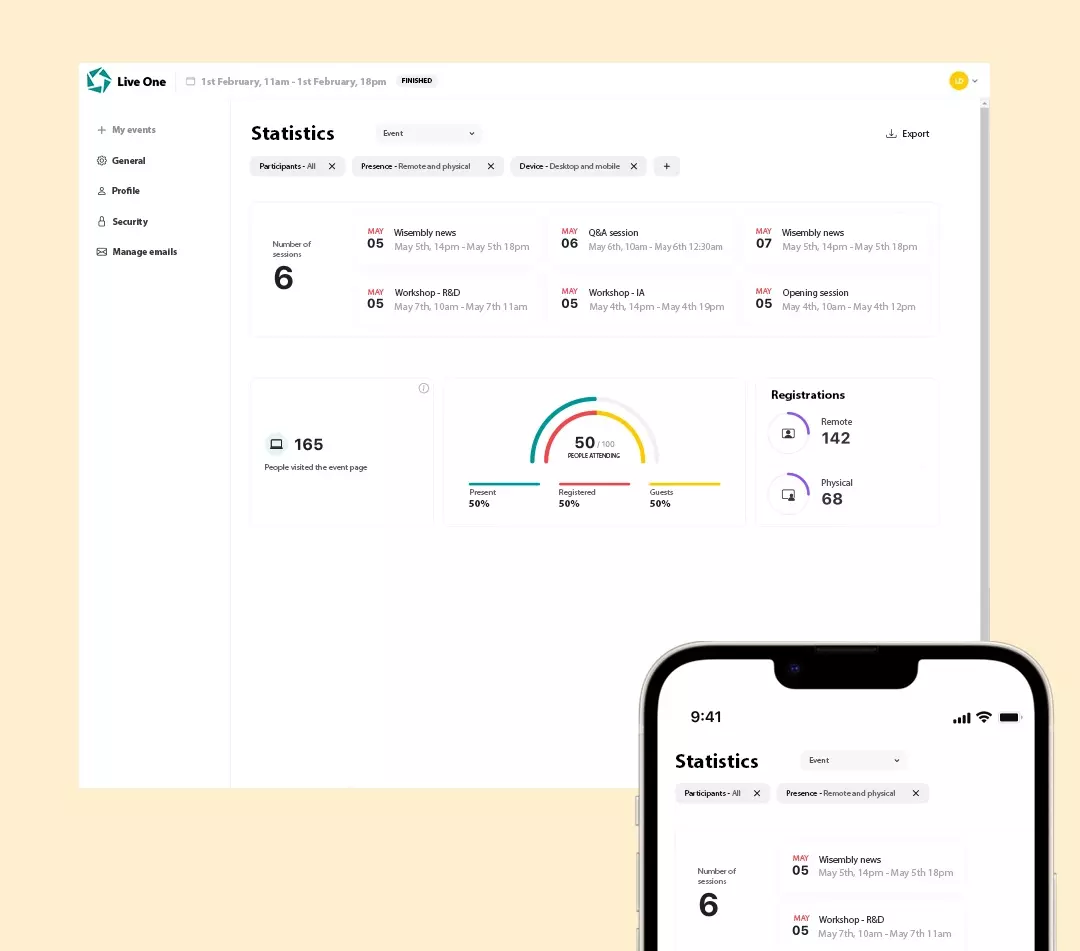 Analyze your event data, share your replays, your data, your documents Screens of the data reporting functions on the Wisembly App