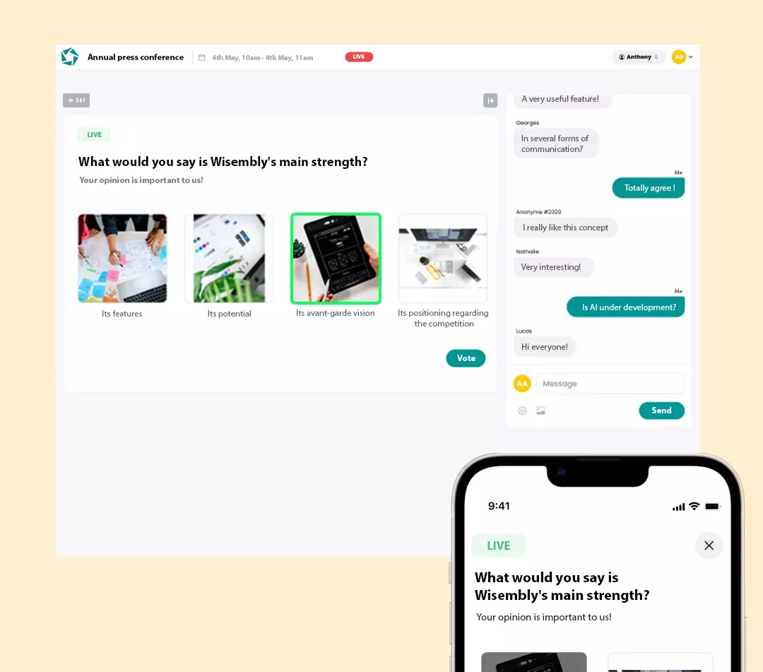 Engage your customers, your teams, your partners, your audience Screens of the interactivity functions on the Wisembly App