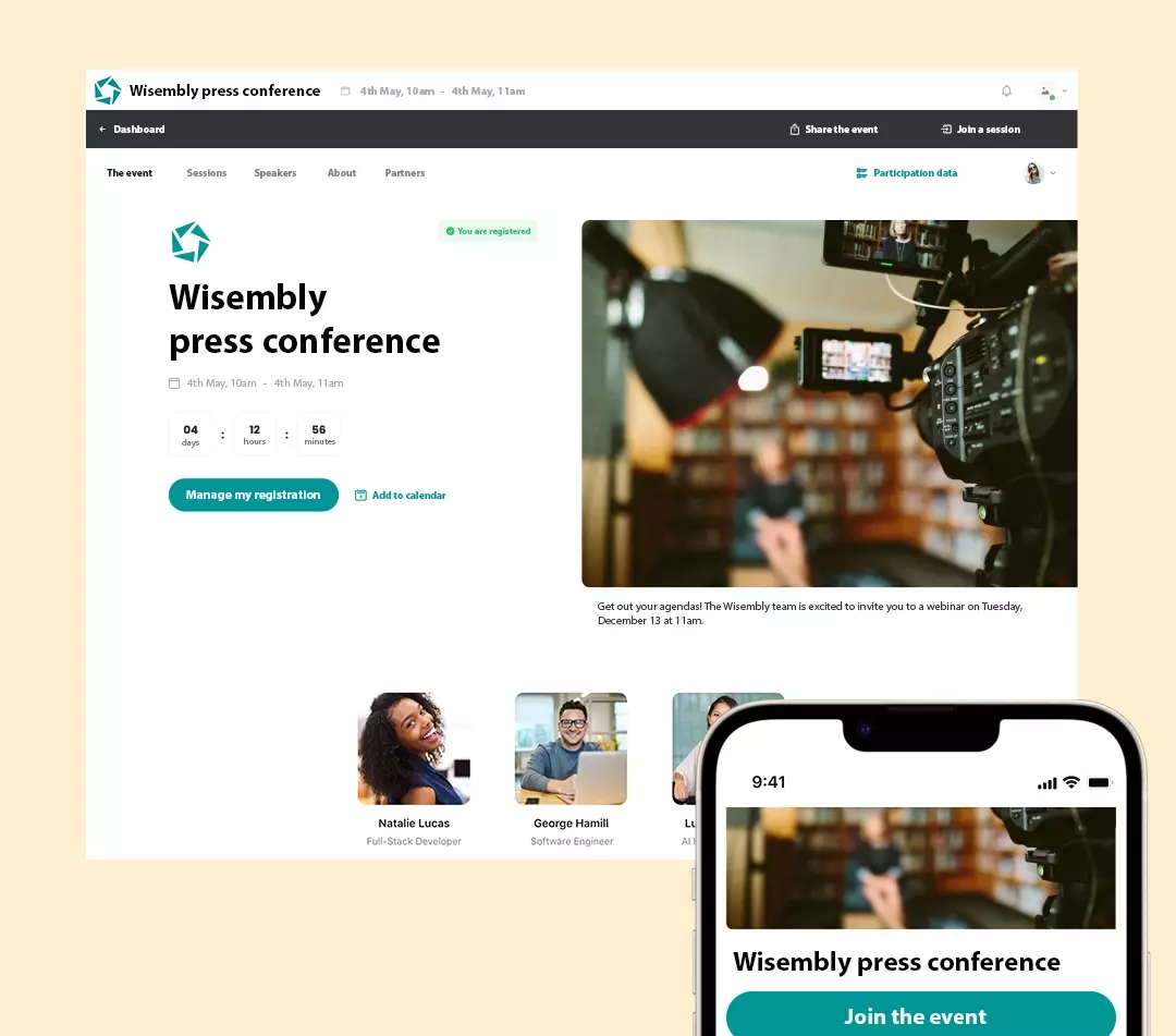 Create the web page of your event Screens of the webpage created by the Wisembly App