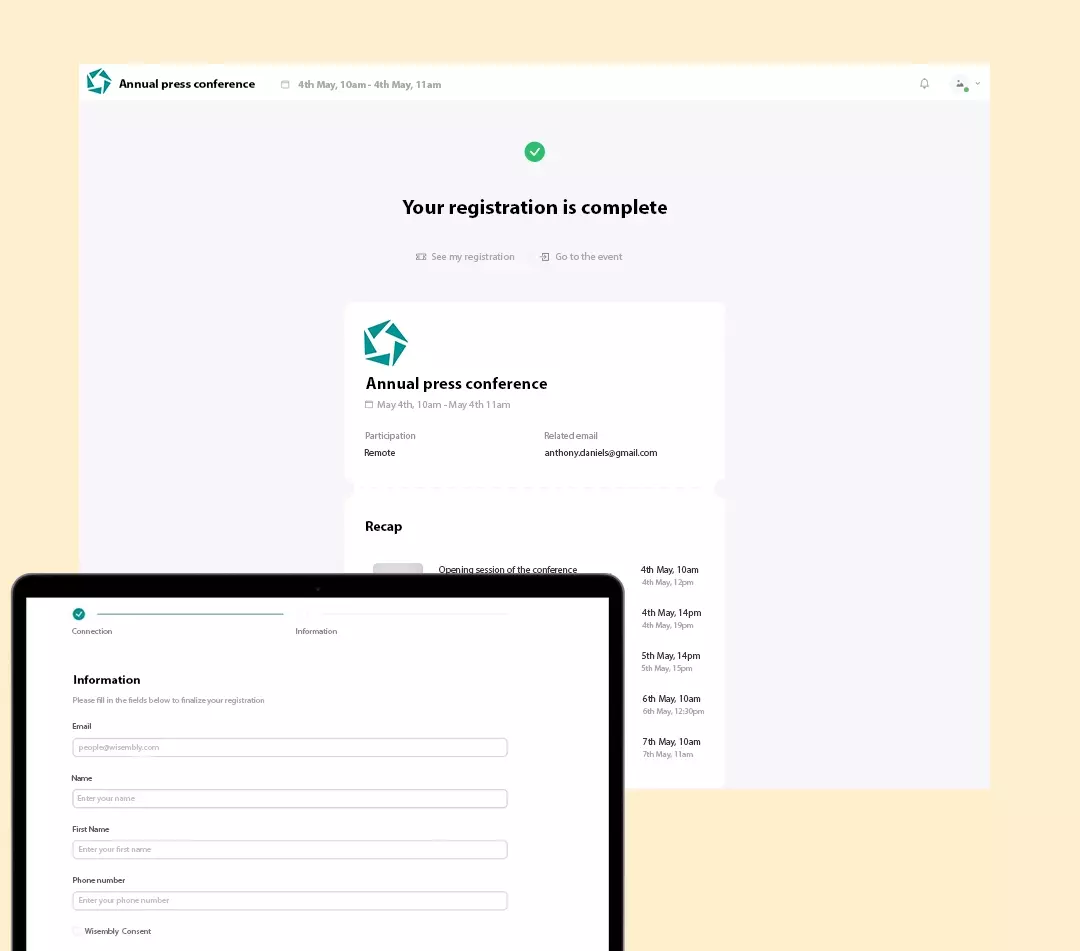 Manage registrations and registration confirmation emails directly on the platform Screens of the registration on the Wisembly App