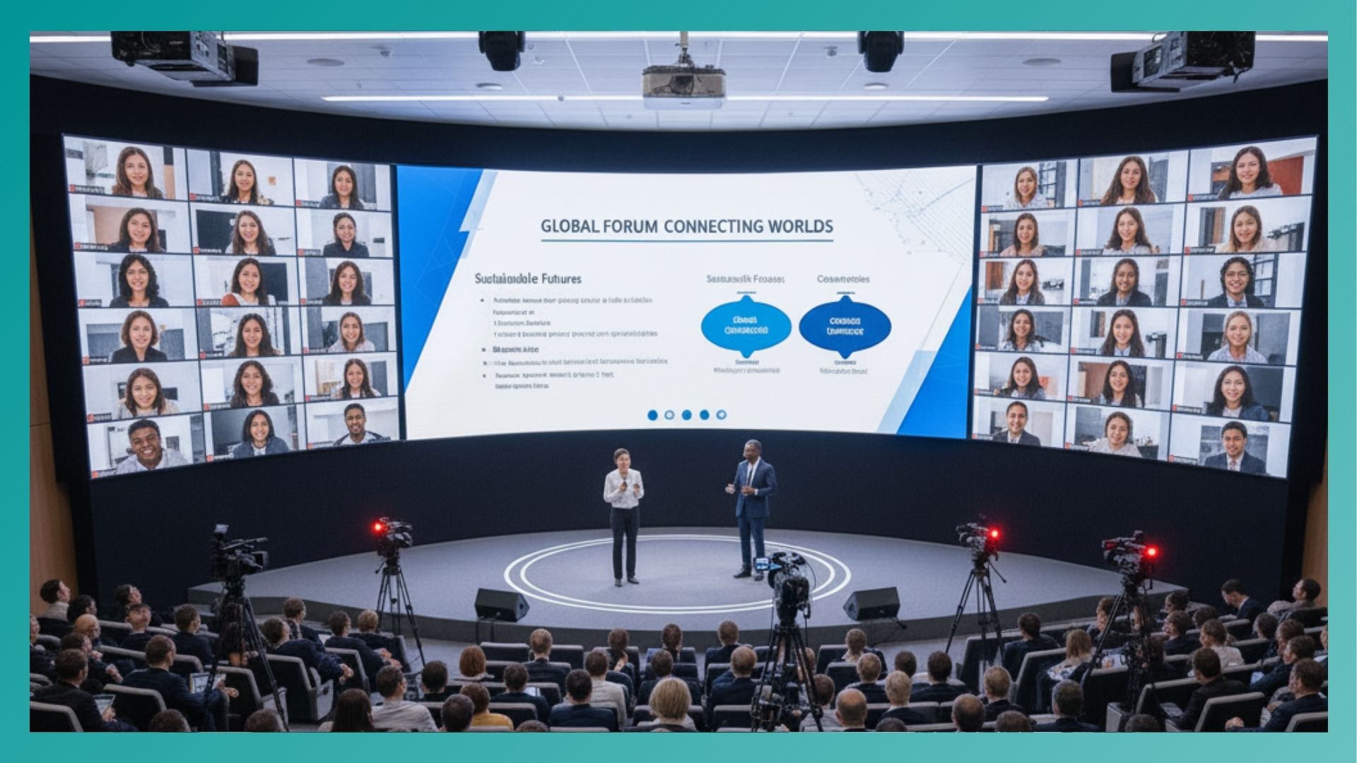 Photo d'un événement hybride. Plusieurs intervenants et une audience composée de professionnels sont assis dans la salle