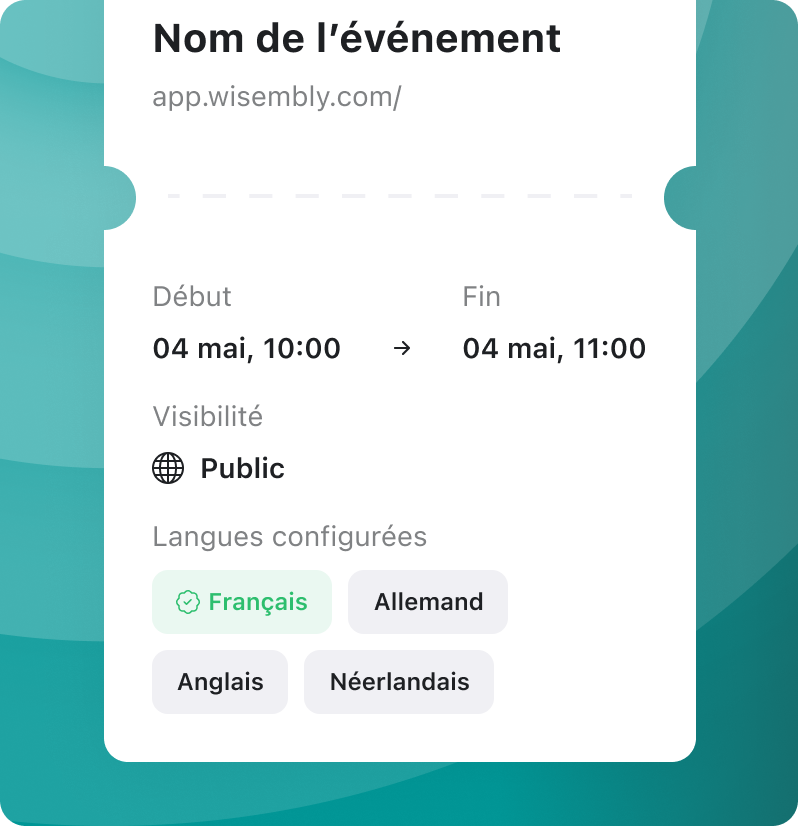Interface Wisembly - Evénement multilingue - francais, anglais, allemand, néérlandais